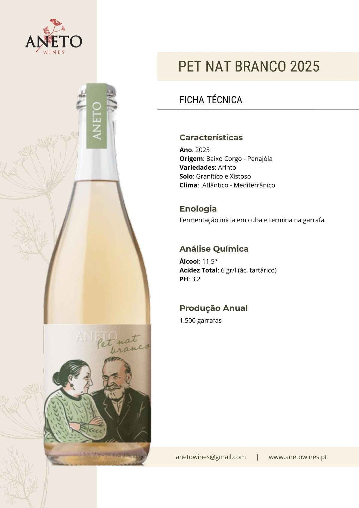 Ficha técnica Vinho Branco PET NAT Aneto