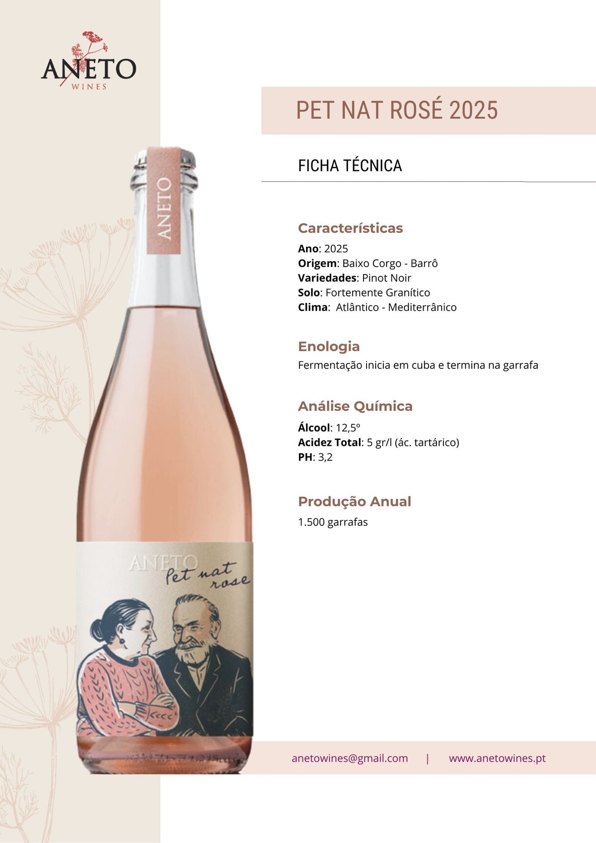 Ficha técnica Vinho Rosé PET NAT Aneto
